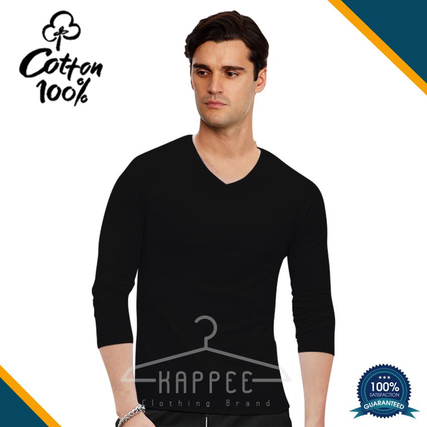 KAPPEE Kaos Polos Pria Premium Hitam Lengan Panjang V-Neck Cotton combed 30s / Kaos Hitam Reaktif / Kaos Polos Murah / Kaos Termurah / Baju Kaos Distro / Kaos T Shirt Cowok / Kaos Keren Terbaru / Kaos Atasan Pria Dewasa / Casual Tumbler Tee