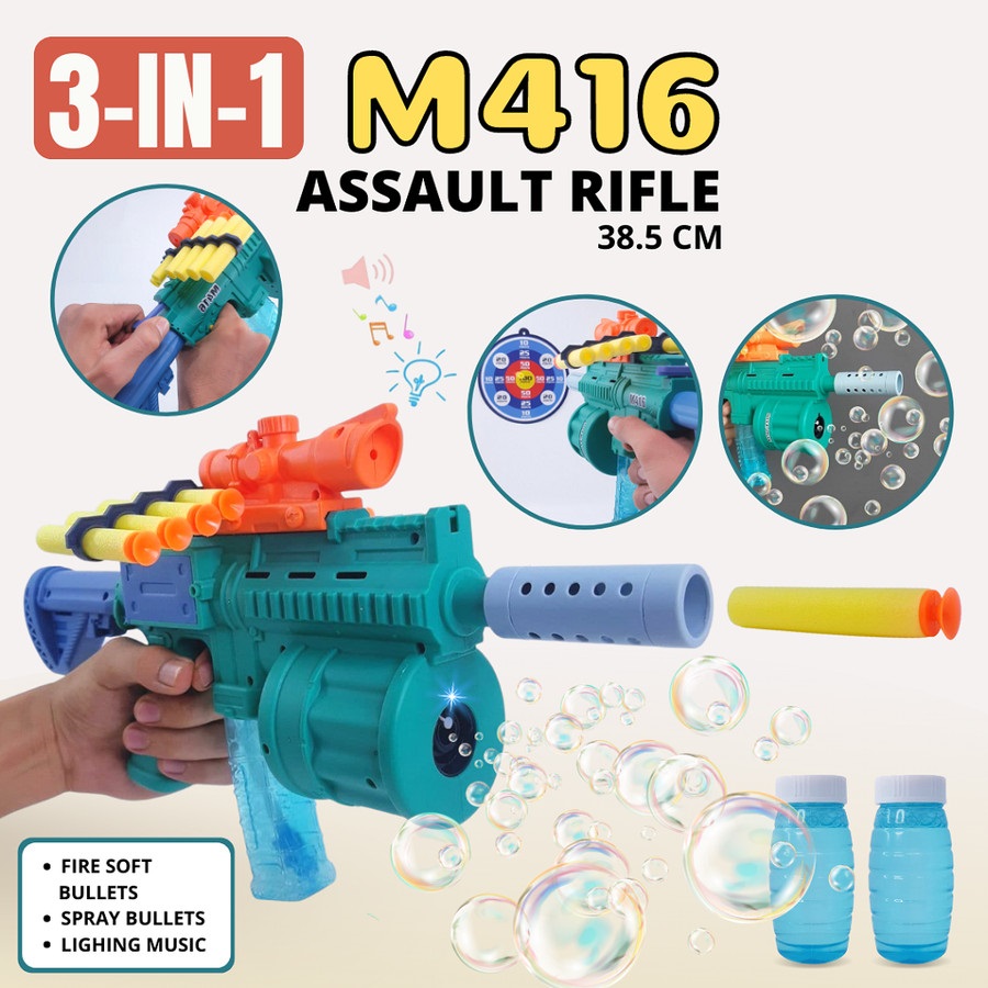 Mainan Anak Pistol M416 3in1 Tembakan Soft Bullet Gun Bubble / Nerf Gun