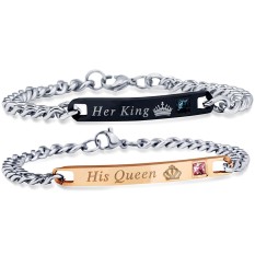 1 pair His Queen Her King Engraved Couple Wrist Bracelets Valentine Gift for Men and Women Lovers - intl