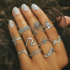 10 Pcs/set Wanita Bohemian Antik Perak Stack Cincin Di Atas Buku Cincin Biru Set-Internasional