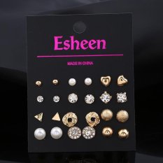 12 pasangan/set Fashion Pearl Crystal jantung Stud Earring Set Women gadis sederhana lucu elegan populer Goldplated perak Alloy segitiga Earrings perhiasan - emas
