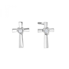 14 K Emas Putih Solitaire CZ Kecil Cross & Heart Stud Earrings untuk Anak Perempuan dengan Screw Aman-Backs- INTL