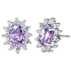 18 Karat Putih Berlapis Emas Amethyst Kristal Set Perhiasan Wanita Cincin Kalung Anting-Anting Set Ungu (Internasional)