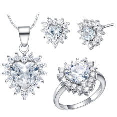 18 Karat Putih Berlapis Emas Perhiasan Kristal Hati Kalung Cincin Anting-Anting Set Wanita Jelas (International)