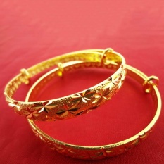 2 Pcs 24 K Emas Plated Women Shining Star Lebar Bangle Adjustable