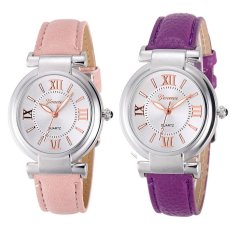 2 Pcs/set Geneva Wanita Busana Tahan Air Jam Kuarsa Wanita Kasual Leather Band Watch-Pink And Ungu