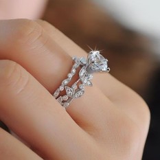 2 Pcs/set Unik Desain Daun 925 Sterling Perak Putih Safir Berlian Pernikahan Cincin Pertunangan Set-Intl