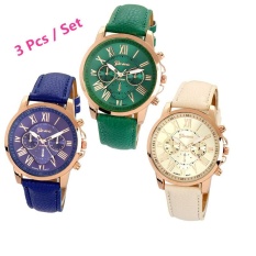 3 Pcs/set Geneva Wanita Busana Roman Angka Faux Kulit Analog QUARTZ Wrist Watch (