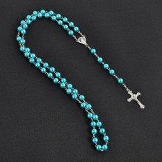 4 Ever Rosario Manik-manik Perawan Maria Yesus Cross Pendant Kalung Pakaian Rantai Kalung Hadiah 6 Warna-Biru-Intl