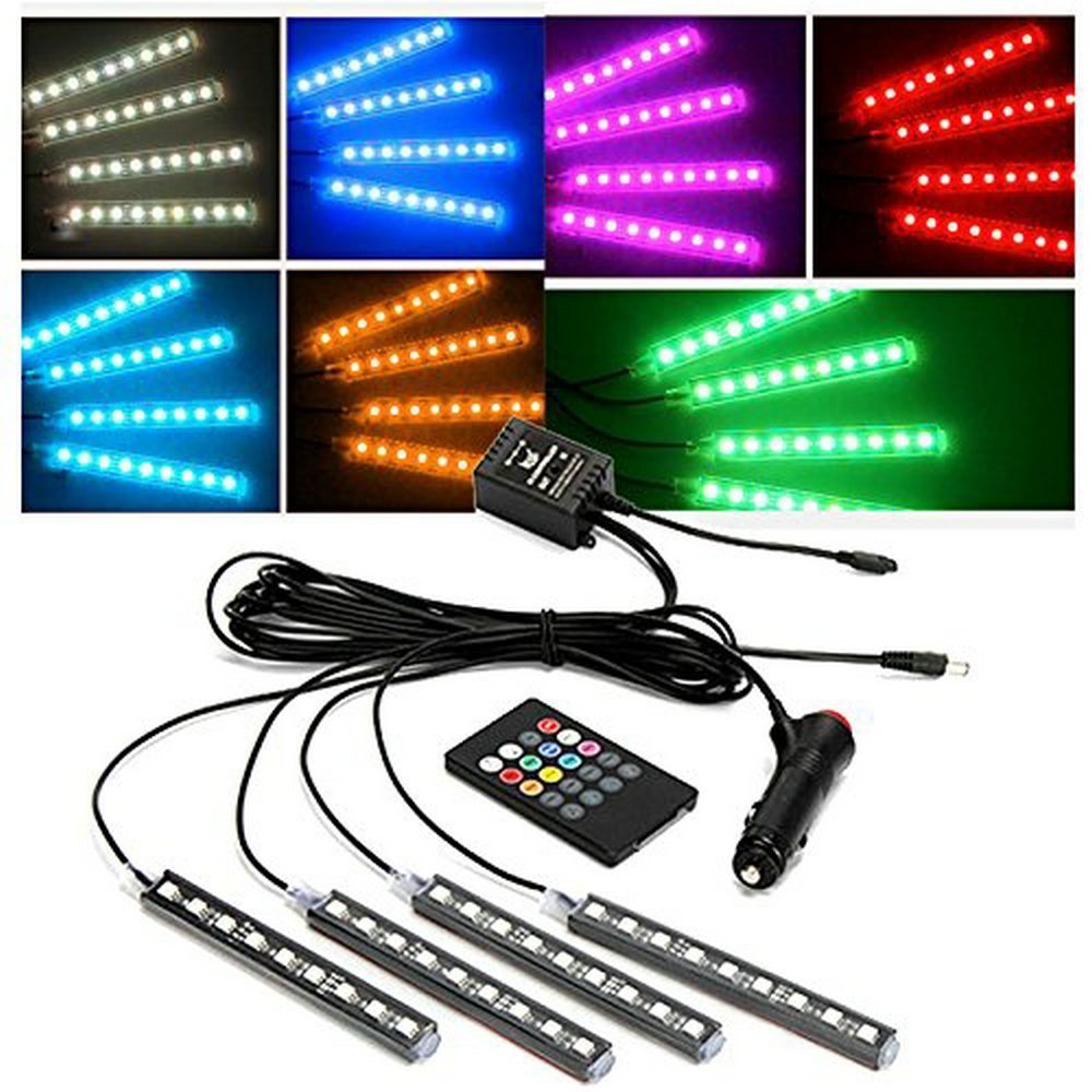 4 PCS X 12 cm Multi-warna 7 Warna Interior Mobil Neon Light 9 LED Underdash Lighting Kit Suasana Lampu dengan Fungsi Suara Aktif Dan Nirkabel Remote Control-Intl