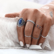 6 Pcs/set Wanita Bohemian Antik Perak Stack Cincin Di Atas Buku Cincin Biru Set-Internasional