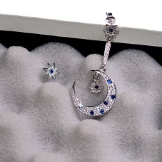 925 Silver Earrings Adalah Bulan dan Bintang-bintang Di Micro Fine Bor dengan Asimetris Non Pierce Ear Clip Anting 0014 Bintang U-Intl