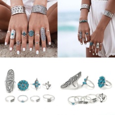 9 Pcs/set Wanita Bohemian Antik Perak Stack Cincin Di Atas Buku Cincin Biru Set-Internasional