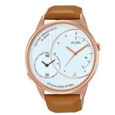 Alba - Jam Tangan Pria - Rosegold-Putih - Strap Coklat - AZ9008X1