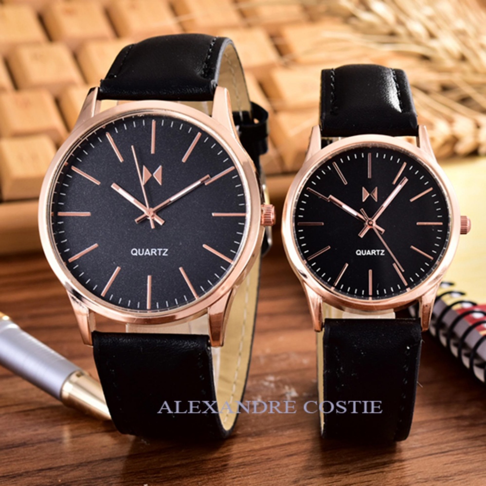 Alexandre Costie – Bonico – Jam Tangan Pria dan Wanita - Body Rose Gold – Black - Dial – Black Leather Strap – Bonico-2984A-GL-RGB-Couple - Black Leather Strap