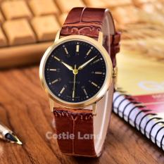 Alexandre Costie - Jam Tangan Unisex - Body Gold - Black Dial-kulit Coklat - AC-3981C-GB-Brown Leather Strap-CL