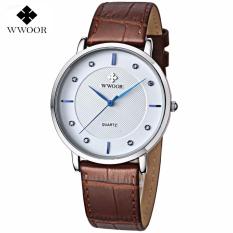 WWOOR 8811 Jam Tangan Pria Tali Kulit Brown Silver White