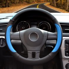 Roda Kemudi Mobil Penutup, Diameter 14-15 Inci, Kulit PU untuk Musim Penuh, hitam dan Biru Ukuran M-Intl