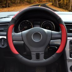 Car Steering Wheel Covers, Diameter 14-15 Inch, Kulit PU, untuk Musim Penuh, Hitam dan Merah Ukuran M-Intl