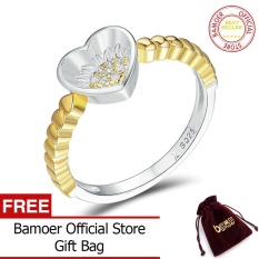 Bamoer Otentik 925 Perak Berkilau Bunga Matahari Di Jantung Warna Emas Jari Cincin untuk Wanita Perhiasan Ulang Tahun Pernikahan Hadiah SCR103-Intl