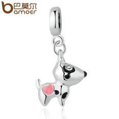 Bamoer PA5328 Warna Perak Merah Muda Jantung Anjing Animal Pendants Pesona Sesuai Gelang Kalung Wanita Manik-manik Lucu & Pembuatan Perhiasan- internasional