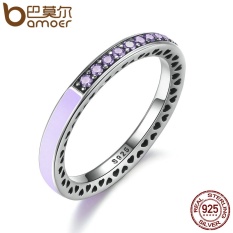 Bamoer PA7605 Asli 925 Sterling Perak Berseri Hati Lavender Enamel Cincin untuk Wanita Ungu Bening CZ Pertunangan Lingkaran- internasional