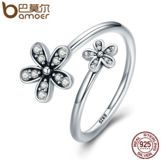 Bamoer PA7629 Asli 925 Sterling Perak Menyilaukan Daisies, bening CZ Jari Terbuka Cincin untuk Wanita Sterling Perak Perhiasan Hadiah-Internasional