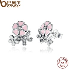 Bamoer PAS461 Hot Jual 925 Perak Berkilau Puitis Ceri Bunga Ester Blossom Anting Bulat Berwarna Merah Muda Bunga Wanita Pernikahan-Intl