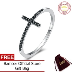 Bamoer Populer 925 Sterling Perak Faith Silang Bentuk Jari Cincin untuk Wanita, hitam Bening CZ Sterling Perak Perhiasan Hadiah SCR067-Internasional