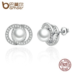 Bamoer SCE020 Elegan 925 Sterling Perak Mutiara Putih dengan Dorong-Belakang Stud Anting-Anting untuk Wanita Pernikahan Perhiasan Modis- internasional