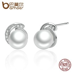 Bamoer SCE021 Mutiara Anting-Anting Perhiasan 925 Sterling Perak Mutiara Putih Dorong-Belakang Stud Anting-Anting untuk Wanita Modis Perhiasan- internasional