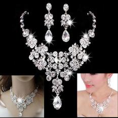 Berlian Imitasi Kristal Bridal Gaya Tetesan Air Daun Set Perhiasan Anting-anting Kalung Perhiasan Klasik, Terbuat dari Perak Putih Niceeshop