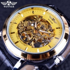 NAMA PENJUALAN TERLARIS Malaysia SKELETON Luxury Men's Otomatis Mekanik Wrist Watch Tali Emas Hitam Dial Allwin-Internasional