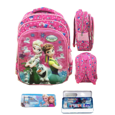 BGC 5 Dimensi Gambar Rubah Rubah Frozen Fever 3 Kantung Tas Ransel Anak SD IMPORT + Kotak Pensil Alat Tulis - Full Motif Elsa