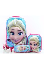 BGC 6 Dimensi Lapisan Anti Gores Disney Frozen Elsa Muka Timbul Koper Set Troley T 6 Roda + Lunch Bag + Kotak Pensil Hard Cover IMPORT