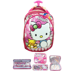 BGC 6 Dimensi Lapisan Anti Gores Hello Kitty Setengah Telur 2 Kantung Tas Troley Anak SD IMPORT + Lunch Bag Aluminium Tahan Panas + Kotak Pensil Alat Tulis - Full Motif Kitty