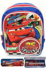 BGC Disney Cars Lightning McQueen Kantung Depan Full Saten IMPORT Tas Ransel Anak Sekolah TK + Kotak Pensil + Alat Tulis