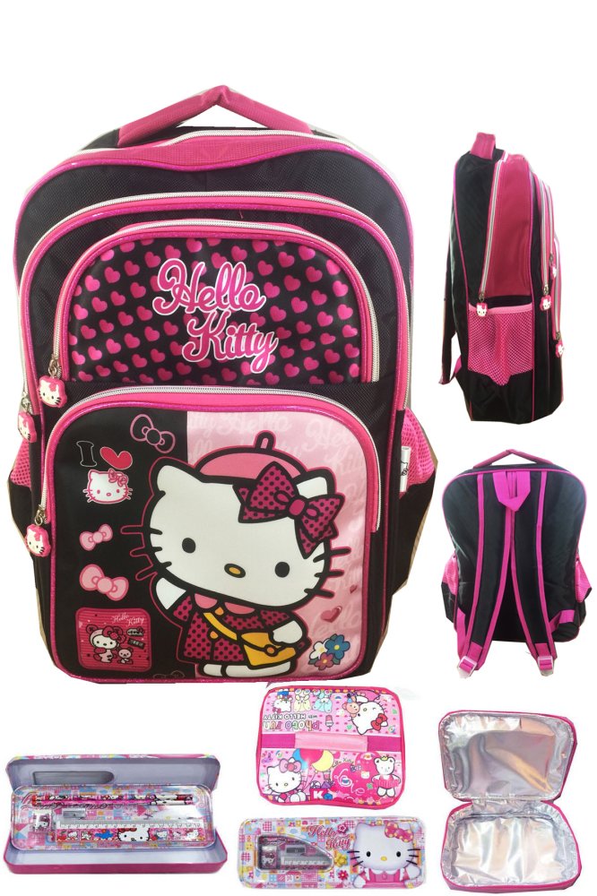 BGC Hello Kitty 4 Kantung IMPORT Tas Ransel Anak Sekolah SD + Lunch Bag Aluminium Tahan Panas + Kotak Pensil Alat Tulis - Black Pink Prada