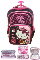 BGC Hello Kitty 4 Kantung IMPORT Tas Troley Anak Sekolah SD + Lunch Bag Aluminium Tahan Panas + Kotak Pensil Alat Tulis - Black Pink Prada