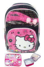 BGC Hello Kitty Black Pink Pita IMPORT 3 Kantung Tas Ransel Anak Sekolah SD + Lunch Bag Aluminium Tahan Panas