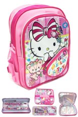 BGC Hello Kitty Love 3 Kantung Depan Full Sateen IMPORT Tas Ransel Sekolah Anak TK + Lunch Bag Aluminium Tahan Panas + Kotak Pensil + Alat Tulis
