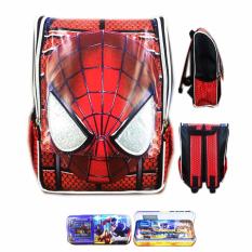 BGC Tas Ransel Sekolah Anak TK Spiderman Muka 3D Timbul + Kotak Pensil Alat Tulis - Full Motif Spider
