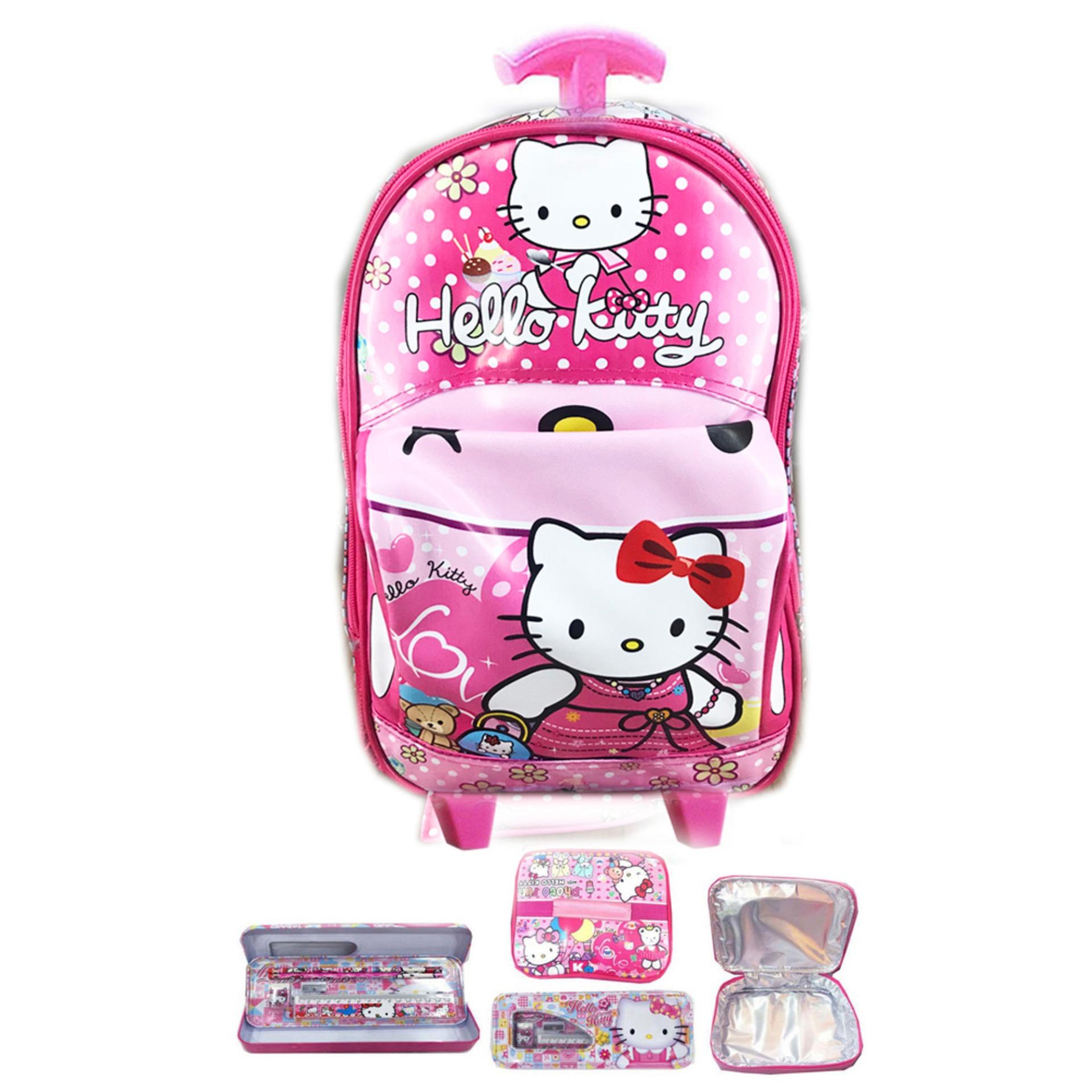 BGC Tas Troley Sekolah Anak TK Tas Mobil On The Road Hello Kitty + Lunch Bag Aluminium Tahan Panas + Kotak Pensil Alat Tulis - Pink