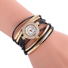 Diskon Besar Wanita Multi Tali Gelang Jam Tangan Kristal Tombol Penyetel Kuarsa Arloji Tautan Rantai (Hitam)-Internasional