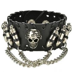 Hitam Kulit Sapi Gelang Rantai Tengkorak Peluru Pria Remaja Punk Rock Gotik Ikat Pinggang Kulit