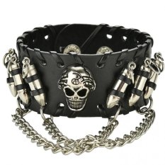 Hitam Kulit Sapi Gelang Rantai Tengkorak Peluru Pria Remaja Punk Rock Gotik Ikat Pinggang Kulit