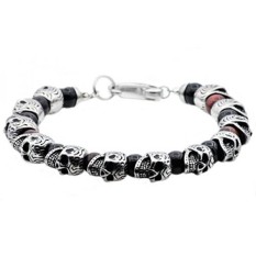 Blackjack Jewelry Mens Genuine Gemstone Stainless Steel Skull Bead Bracelet (Black/Red/Silver (Red tiger eye/Onyx))