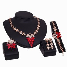 Bluelans® Perhiasan Gelang Wanita Kalung Satu Set Pernyataan Yang Jernih Bagaikan Kristal Cincin Anting-anting Merah