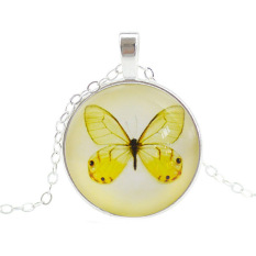 Bluelans® Wanita Butterfly Rantai Perak Kaca Cabochon Bulat Kalung Liontin Kuning