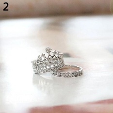 Cincin Titanium Bluelans Queen Crown Pola Set Cincin Berlian Imitasi Dua Potong Perhiasan 7 (Silver)
